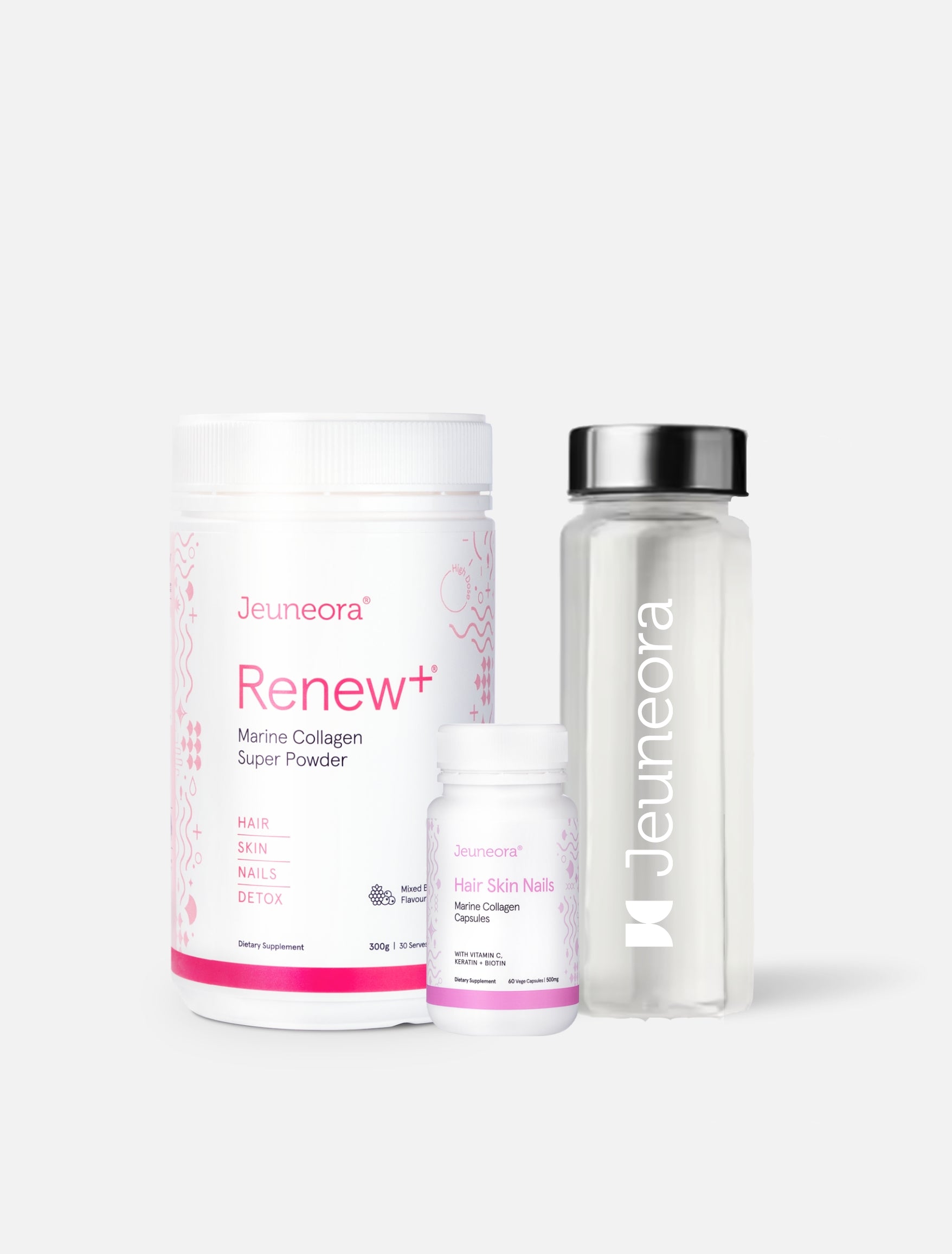 Jeuneora Renew+ Marine Collagen Super Powder  hair skin nails and a bottle