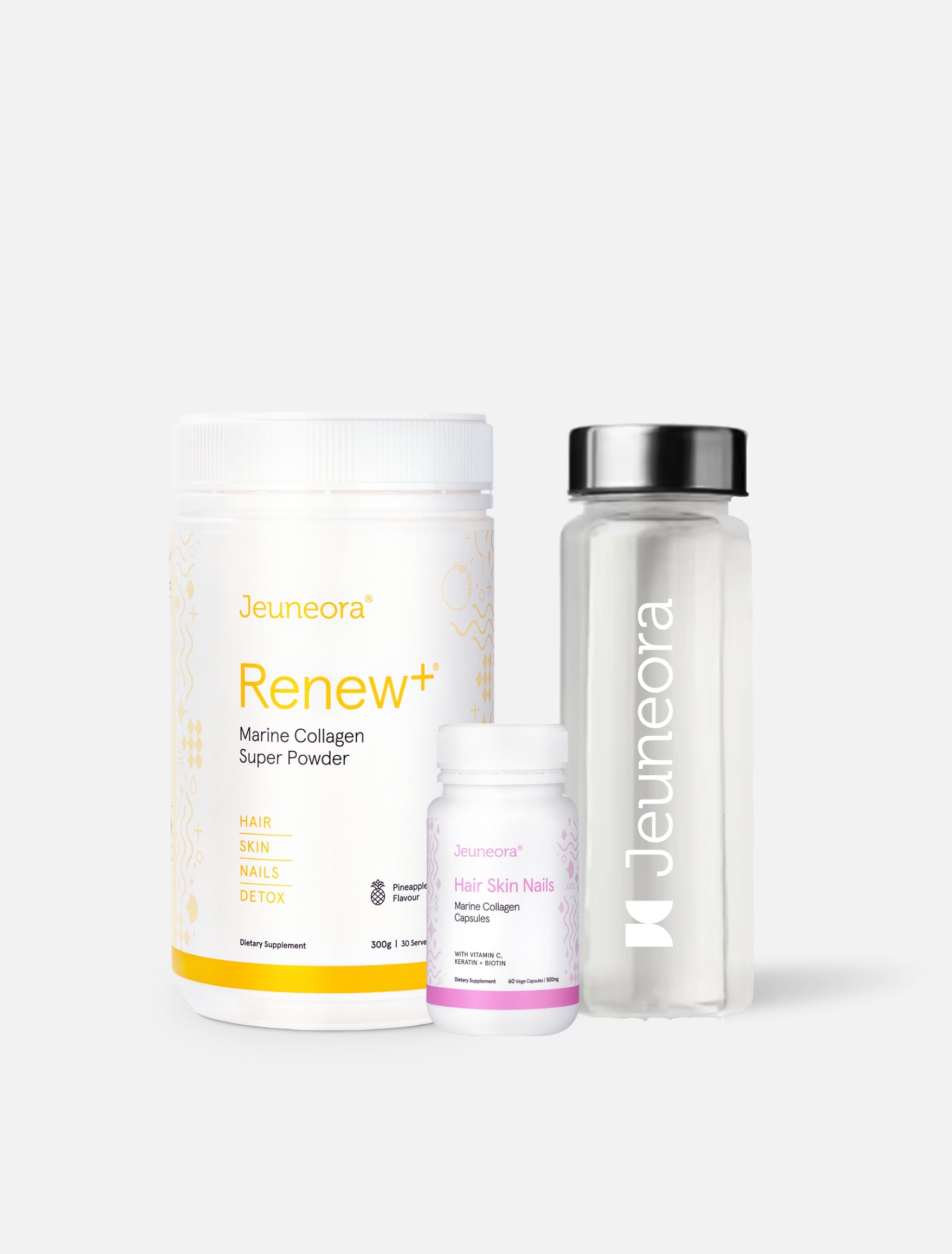 Renew+, Hair Skin Nails capsules and a bottle