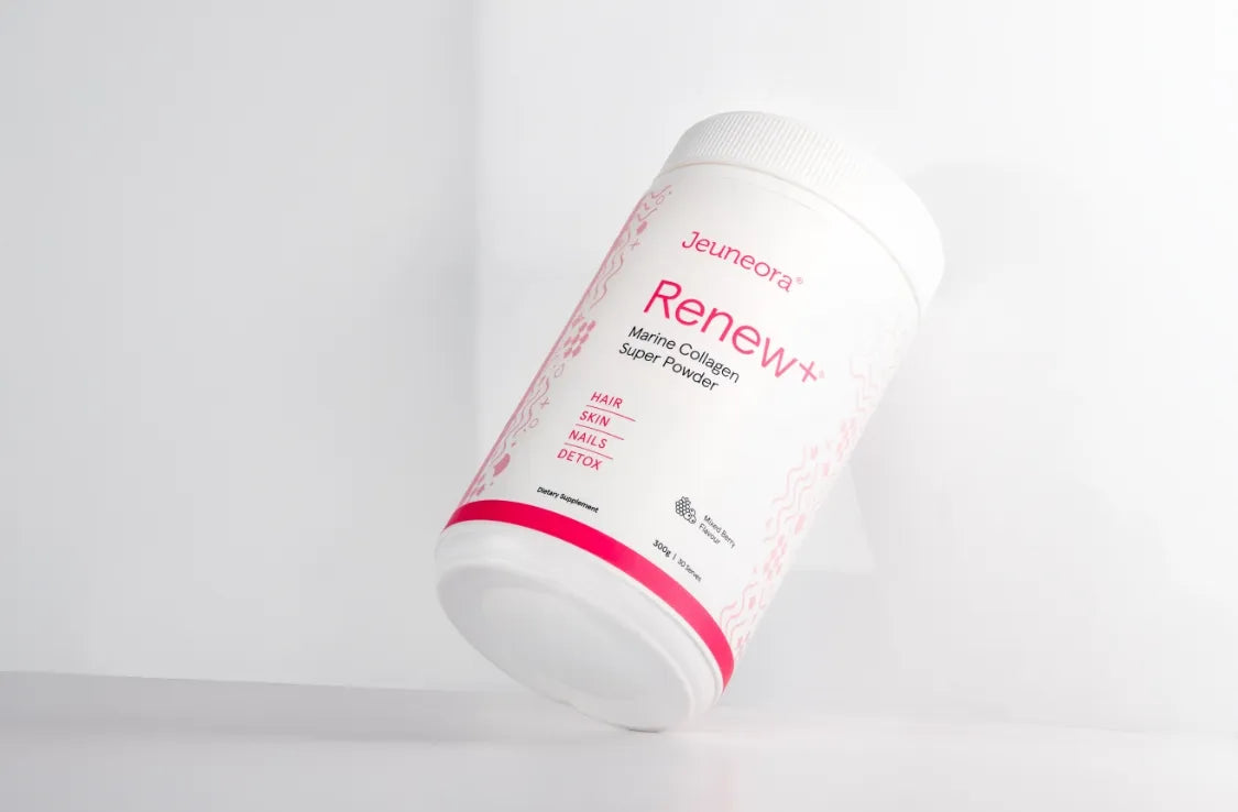 A container of Renew+ sits on a jaunty angle on a white background